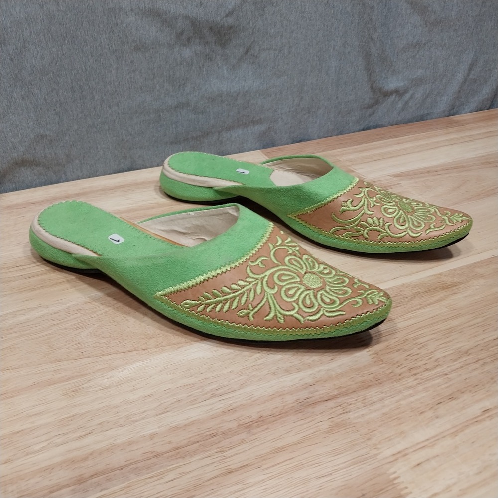 Unbranded‎ Womens Mule Slippers Embroidered Pointed Toe Size M (1) Green Tan